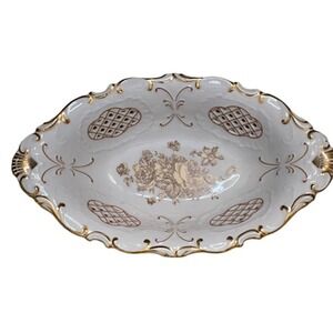 Pirken Hammer 1803 Serving Dish Czech‎ Republic White Gold Floral Trim 12.25"X7"